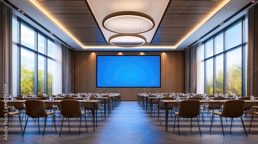 Modern conference room with a large LED screen, setup for a seminar, professional and clean environment Modern conference room with a large LED screen, setup for a seminar, professional and clean environment