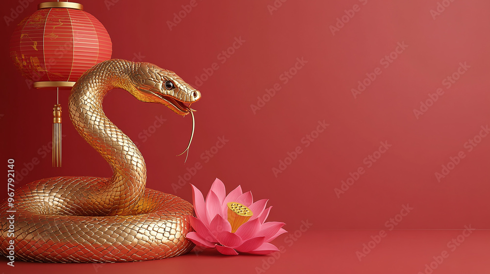 3D rendering of a Chinese New Year background with a golden snake and lantern on a red backdrop, decorated with pink lotus flowers and cherry blossoms, in a minimalist style 3D rendering of a Chinese New Year background with a golden snake and lantern on a red backdrop, decorated with pink lotus flowers and cherry blossoms, in a minimalist style