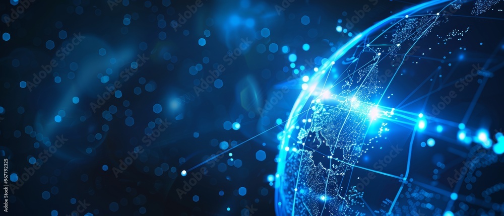 Fototapeta premium Cosmic Energy Flow: Blue Energy Waves and Show Molecules and abstract communication networks Dancing on a dark background like a puppet graph Shines with lively light particles.