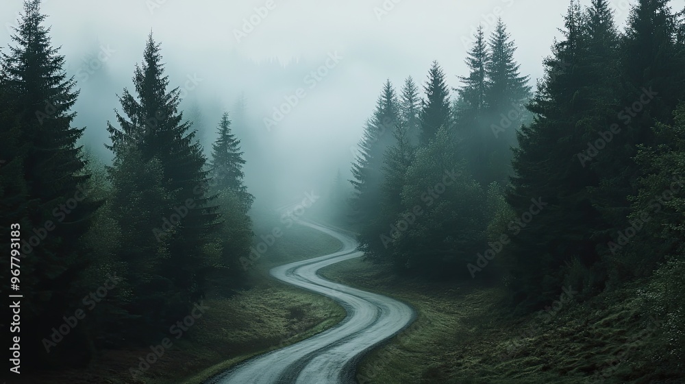 Mountain road passing through a dense pine forest Mountain road passing through a dense pine forest