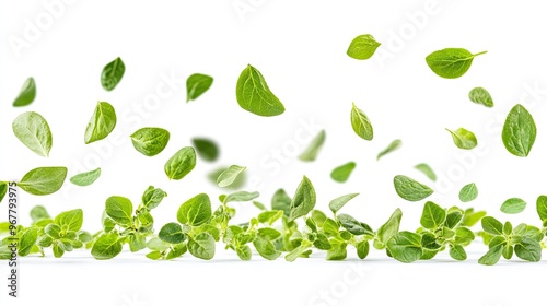 Oregano leaves falling from above, aromatic and green, mid-air capture, isolated on white