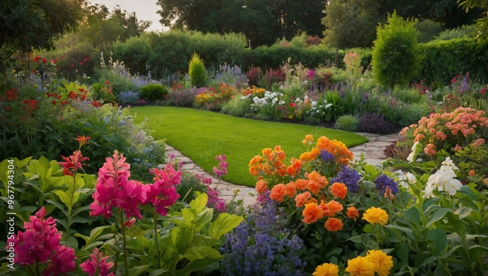 A blooming garden filled with colorful flowers and lush greenery, a peaceful retreat. A blooming garden filled with colorful flowers and lush greenery, a peaceful retreat.