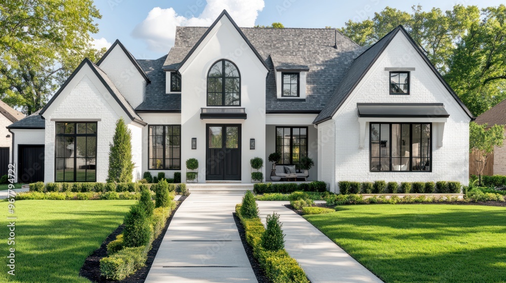A modern white brick house with a black roof and black windows. A walkway leads up to the front door. A modern white brick house with a black roof and black windows. A walkway leads up to the front door.