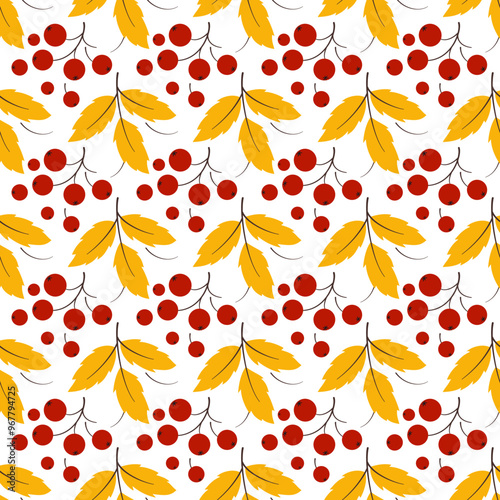 Autumn seamless pattern of rowan. Repeating floral ornament. Holiday mosaic of bright leaves and berries on white background. Decor for Thanksgiving Day. Fall seasonal design for your project.