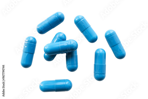 Blue medicine capsules and remedy pills, pharmaceutical cure, antibiotics or painkillers isolated on transparent  background