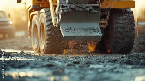 Close-up of a concrete mixer truck pouring foundation at a construction site, with the fresh concrete flowing smoothly. photo