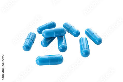Blue medicine capsules and remedy pills, pharmaceutical cure, antibiotics or painkillers isolated on transparent background