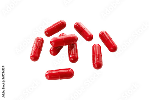 Red medicine capsules and remedy pills, pharmaceutical cure, antibiotics or painkillers isolated on transparent background