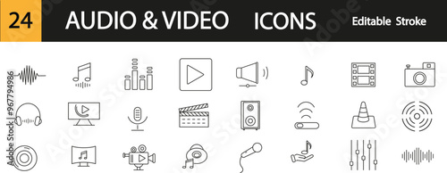 Audio and video icons.Editadle stroke.