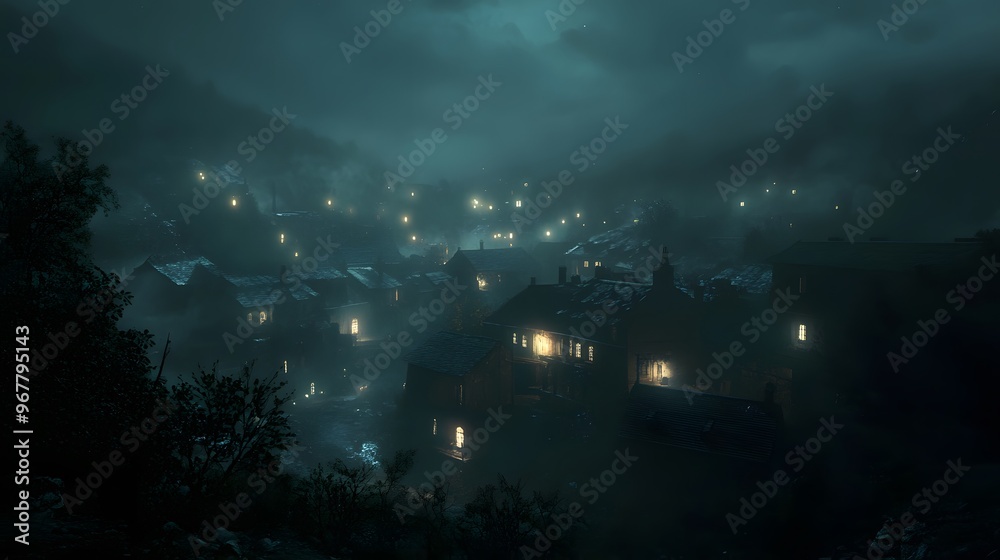 Mysterious Nighttime Village in the Fog Mysterious Nighttime Village in the Fog