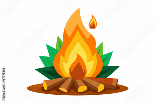 Burning bonfire with wood and stones in cartoon style