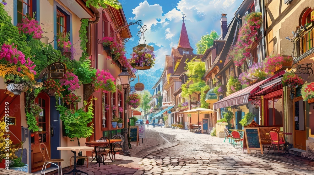 Fototapeta premium A charming cobblestone street lined with colorful buildings and blooming flowers in a picturesque European town.