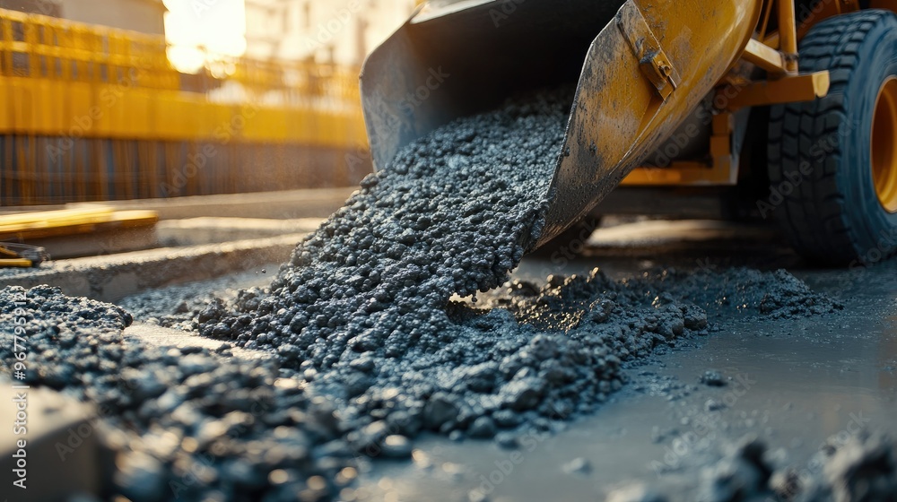 Detailed close-up of a concrete mixer truck, with concrete being poured into a foundation, highlighting the construction process. Detailed close-up of a concrete mixer truck, with concrete being poured into a foundation, highlighting the construction process.