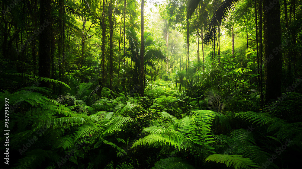 A dense section of the Amazon rainforest with towering trees and a variety of ferns and mosses covering the forest floor 