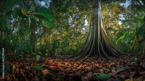 A majestic kapok tree standing tall in the Amazon rainforest, surrounded by diverse plant life and dense foliage 