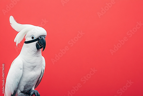 a parrot wearing a miniature pirate hat and a fake eyepatch, perched against a bright red background, looking like a swashbuckling character