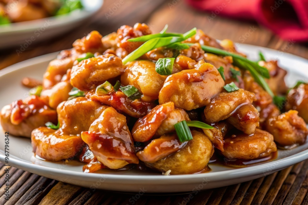 Close-up of a single piece of cashew chicken, perfectly lit to accentuate the crispy exterior and tender interior, with a subtle gradient effect to enhance the texture and dimensionality of the dish. Close-up of a single piece of cashew chicken, perfectly lit to accentuate the crispy exterior and tender interior, with a subtle gradient effect to enhance the texture and dimensionality of the dish.
