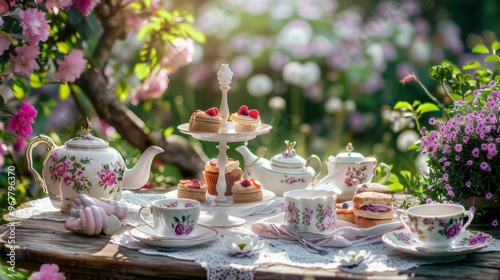 A charming tea party set in a lush garden with floral decor and delicate pastries. The sunlight adds a warm glow to the scene.