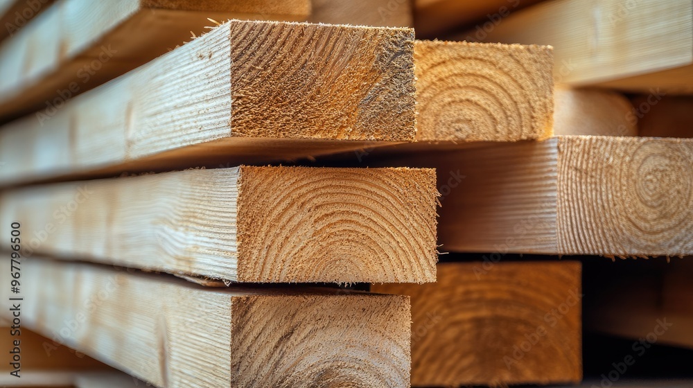 Detailed view of lumber stacked on-site, ready for construction, with wood texture clearly visible in a close-up shot. Detailed view of lumber stacked on-site, ready for construction, with wood texture clearly visible in a close-up shot.