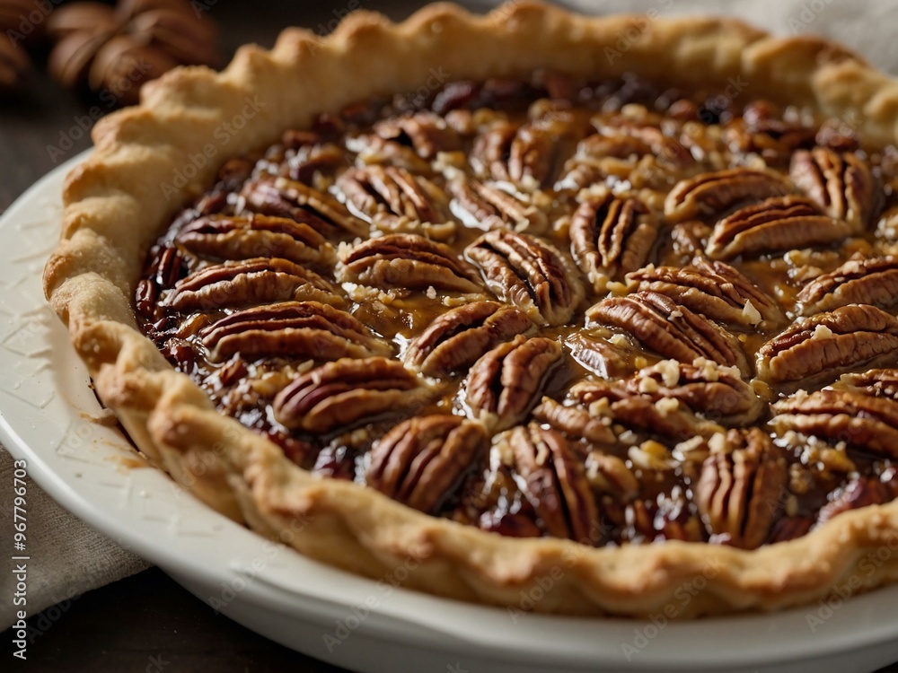 A close-up of a delicious, indulgent pecan pie with a buttery crust, perfect for the holidays. A close-up of a delicious, indulgent pecan pie with a buttery crust, perfect for the holidays.