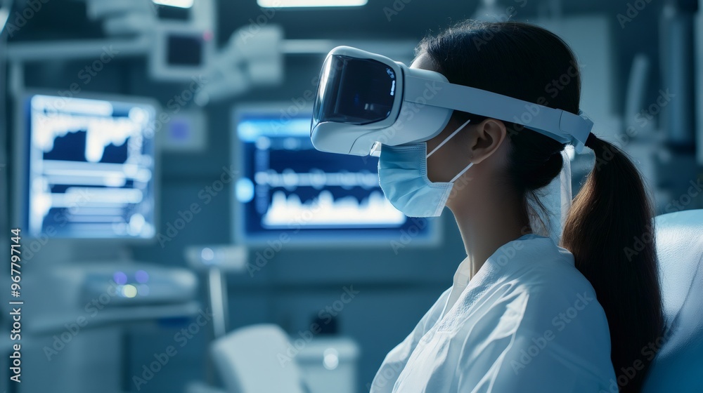 A young woman wearing a virtual reality headset and a face mask looks at a computer screen with a heart rate graph in a hospital room. A young woman wearing a virtual reality headset and a face mask looks at a computer screen with a heart rate graph in a hospital room.