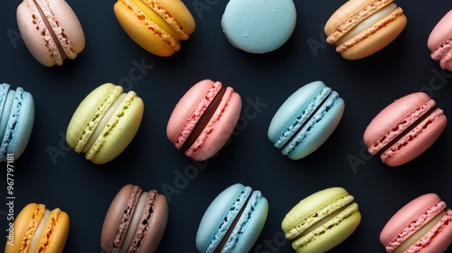 Wallpaper Mural Flat lay of assorted macarons in pastel colors, neatly arranged on a dark background, creating a delightful contrast. Torontodigital.ca