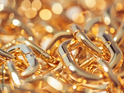 A close-up shot of a shiny gold chain with blurred bokeh lights in the background.