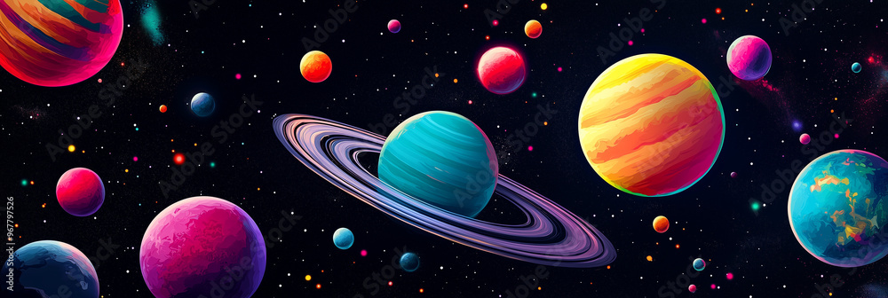 Fototapeta premium A vibrant, abstract solar system with colorful planets, Saturn's rings, and a starry backdrop, evoking wonder and exploration—a perfect homage to the universe for World Space Day.