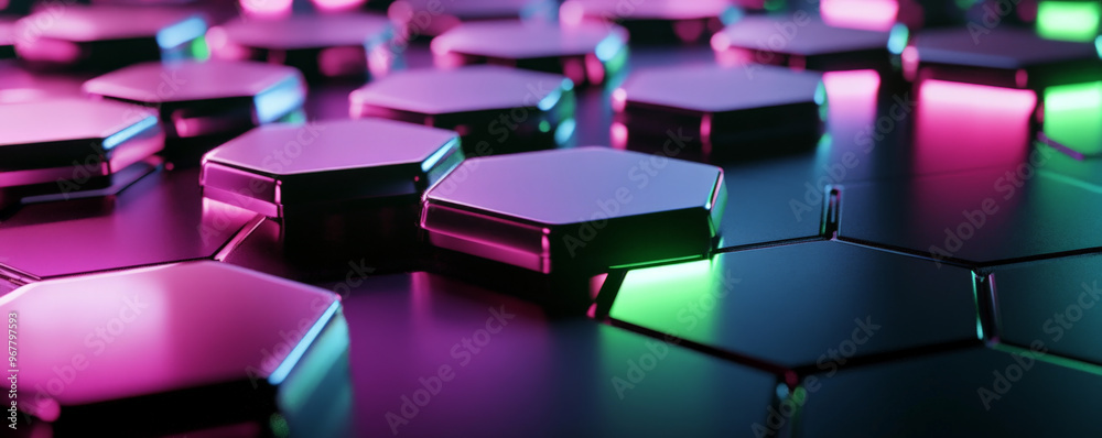 Obraz premium 3D neon hexagons glowing in pink and green, with a metallic brushed texture, floating above a sleek, black surface with subtle lighting.