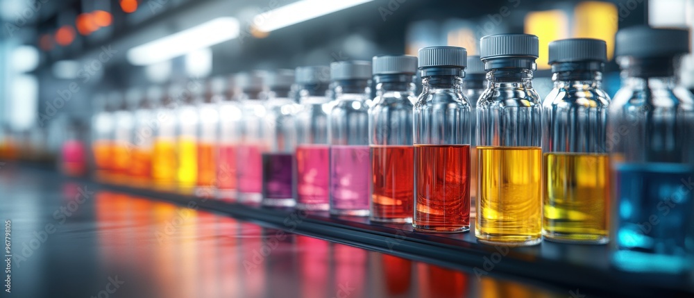 Colorful glass vials filled with various liquids arranged neatly on a laboratory shelf, showcasing vibrant hues and reflections. Colorful glass vials filled with various liquids arranged neatly on a laboratory shelf, showcasing vibrant hues and reflections.