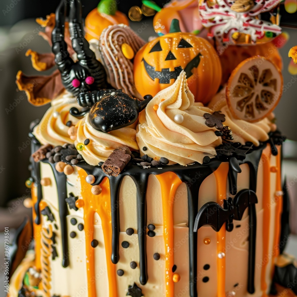 Naklejka premium A delicious Halloween cake decorated with pumpkins, bats, and spiders. Drizzled with chocolate and topped with orange and black sprinkles. Perfect for a spooky celebration.