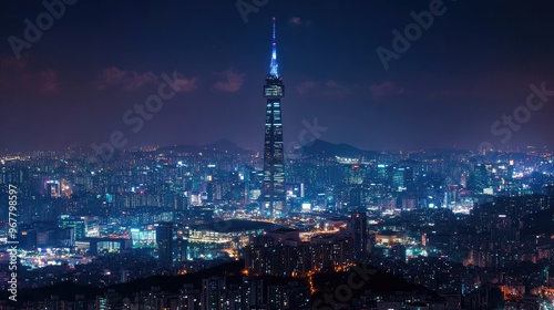 Wallpaper Mural Scenic view of the N Seoul Tower at night, illuminated against the city skyline Torontodigital.ca