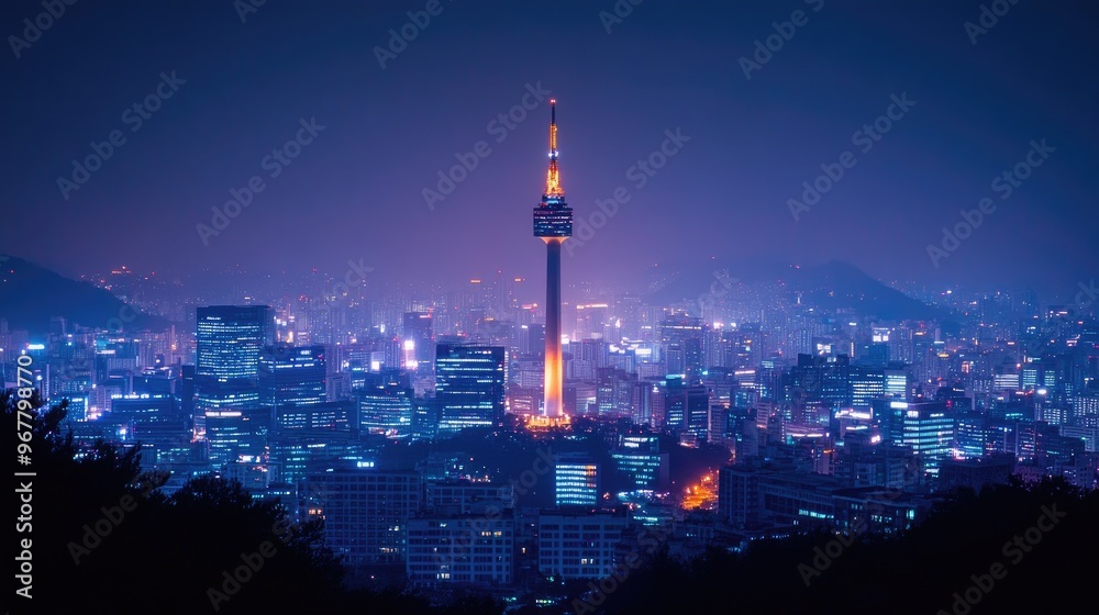 Scenic view of the N Seoul Tower at night, illuminated against the city skyline Scenic view of the N Seoul Tower at night, illuminated against the city skyline