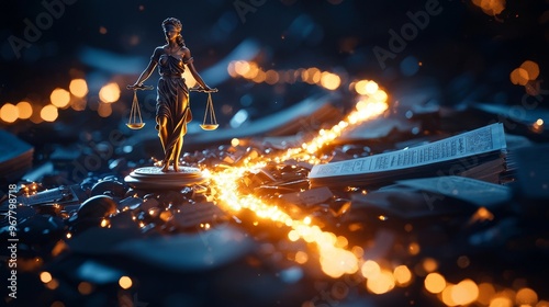 Lady Justice walking across a bridge made of legal documents, with a river of light below, symbolizing the journey of justice, path to justice, legal transition photo