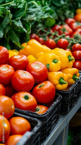 Vibrant display of fresh tomatoes and yellow peppers at a farmer's market, showcasing organic produce in rustic baskets. photo