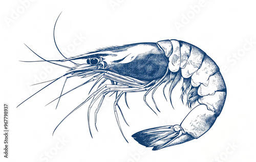 Seafood, shrimp prawn. Vintage retro print, black white seafood shrimp prawn sketch ink pencil style drawing, linear drawing, engrave old school. Sketch artwork shrimp prawn, seafood. Illustration photo