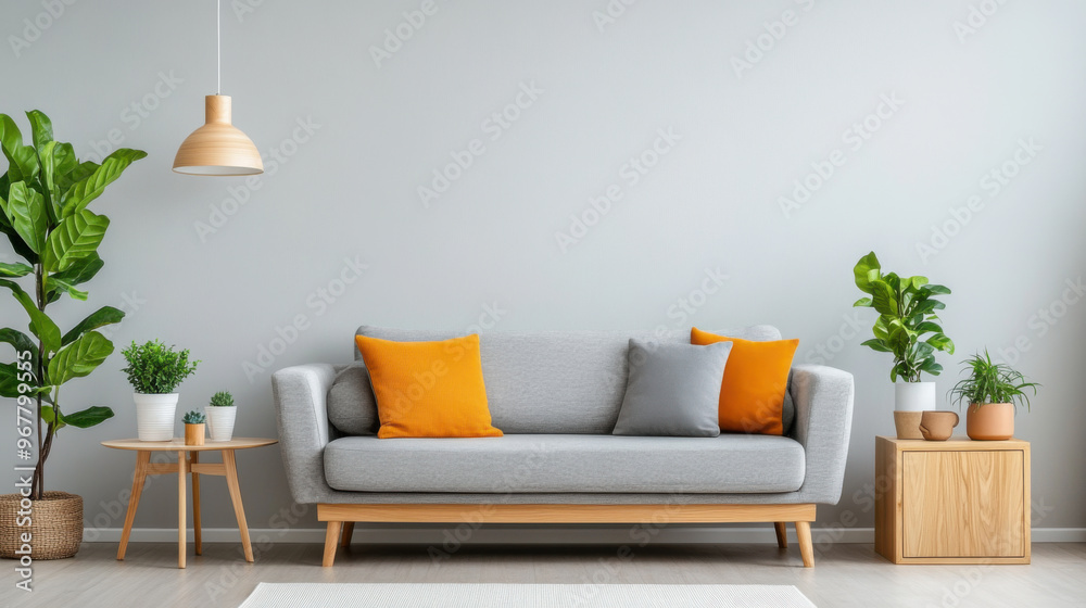 Stylish living room featuring a gray sofa with bright orange pillows, wooden furniture, and indoor plants, creating a cozy, modern space. Stylish living room featuring a gray sofa with bright orange pillows, wooden furniture, and indoor plants, creating a cozy, modern space.