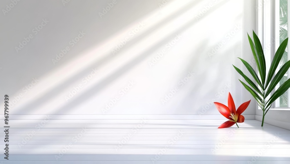 Fototapeta premium 3D rendering of tropical plants with shadows on white wall