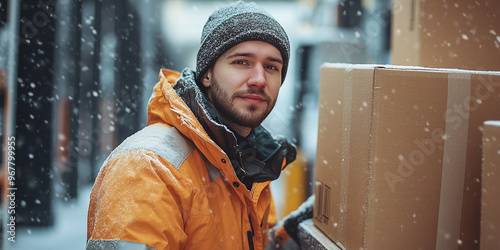 Warehouse worker unloads boxes from a truck at a loading dock in winter photo