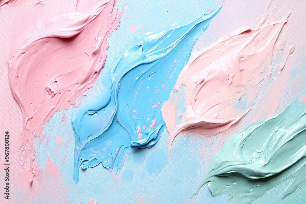 Fototapeta premium A burst of pastel paints in soft tones of baby blue, blush pink, and mint green, with a smooth, matte finish and gentle splatters for a delicate, calming design.