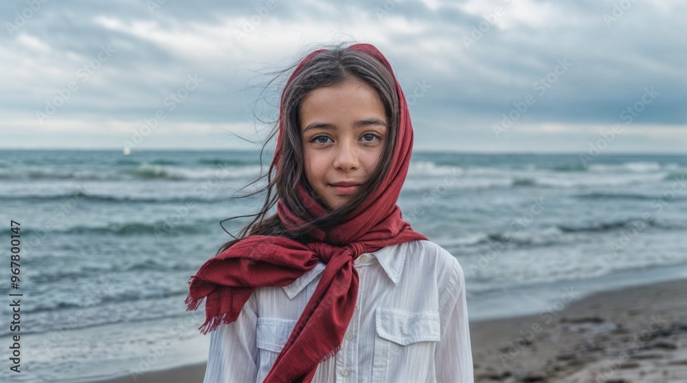 A beautiful girl is standing on the beach wearing a Ukrainian-style headscarf. A beautiful girl is standing on the beach wearing a Ukrainian-style headscarf.