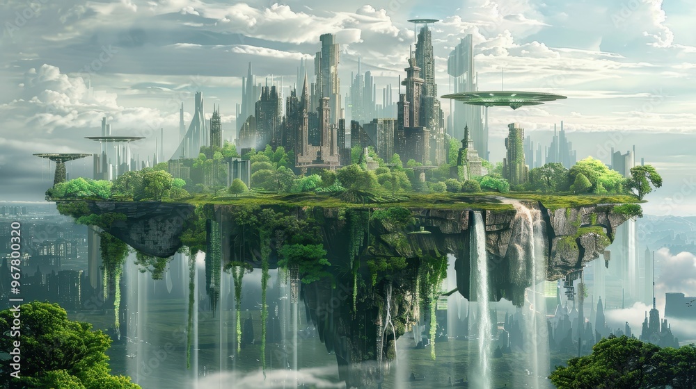 Naklejka premium A futuristic city on a floating island with cascading waterfalls.