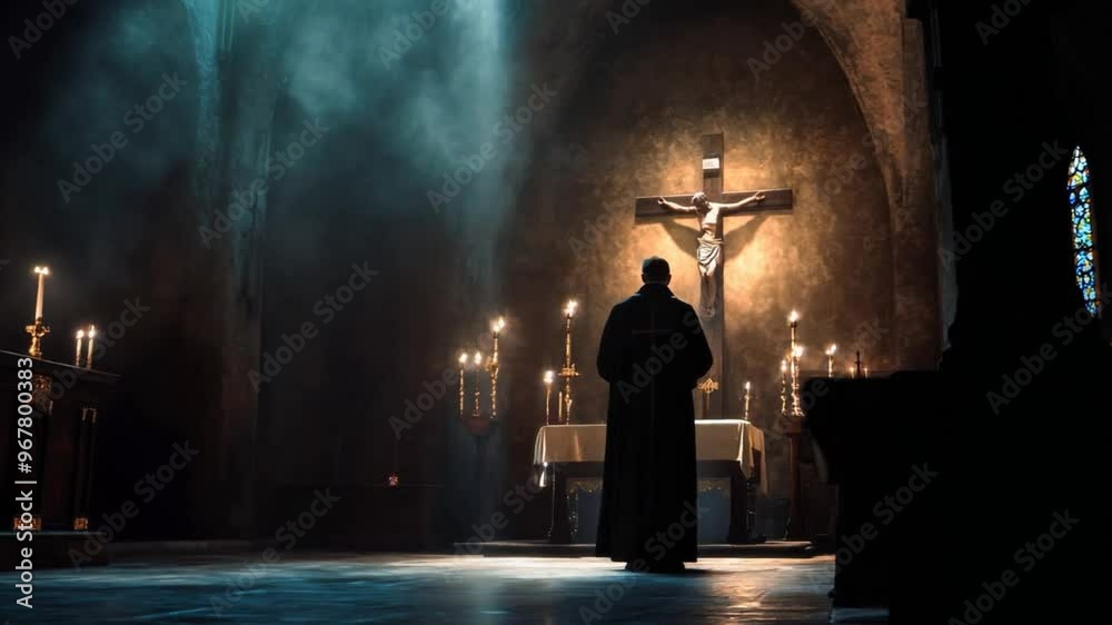 A Catholic priest in deep prayer before a crucifix at a dimly lit altar. The glow of candles illuminates the sacred space. Ai Footage.
