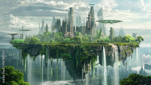 A futuristic city on a floating island with cascading waterfalls.