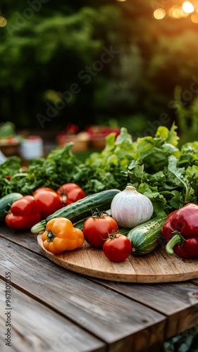 A vibrant assortment of fresh vegetables arranged on a wooden table, showcasing the beauty of healthy, farm-fresh produce.