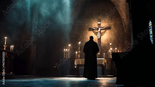 A Catholic priest in deep prayer before a crucifix at a dimly lit altar. The glow of candles illuminates the sacred space. Ai Footage.