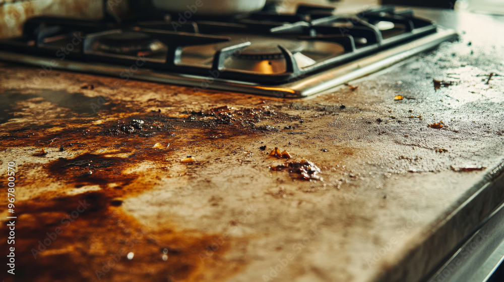 A dirty stovetop covered with grease and food residue, reflecting sunlight, symbolizing cooking mess, kitchen cleanup, and household chores.
A dirty stovetop covered with grease and food residue, reflecting sunlight, symbolizing cooking mess, kitchen cleanup, and household chores.