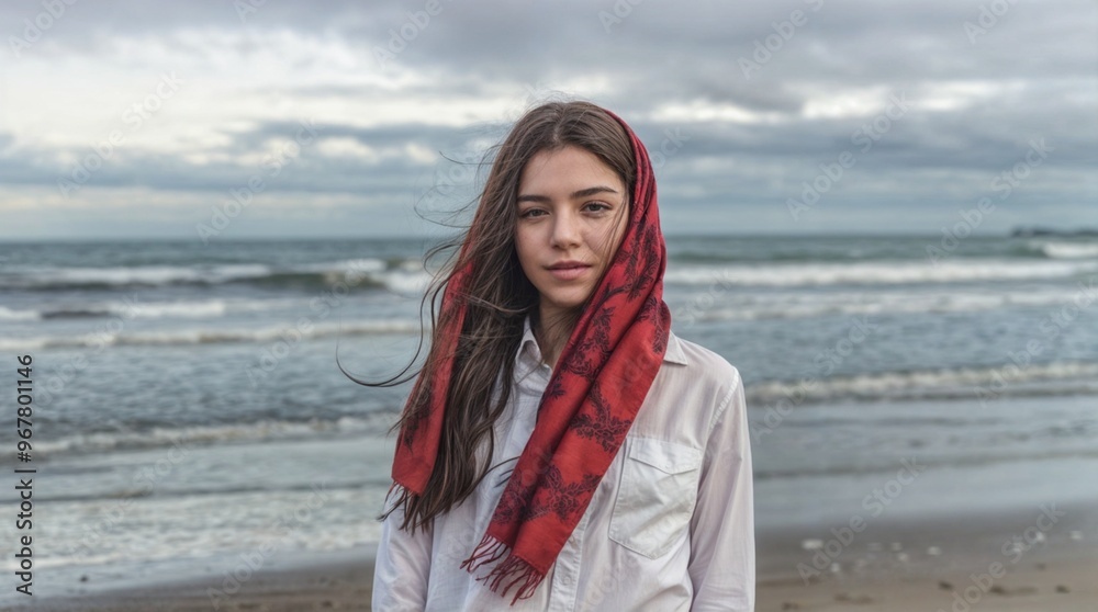 A beautiful girl is standing on the beach wearing a Ukrainian-style headscarf. A beautiful girl is standing on the beach wearing a Ukrainian-style headscarf.