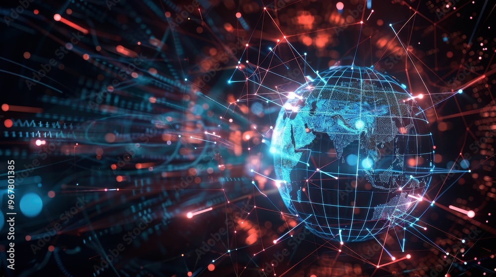 A futuristic digital globe with glowing lines and data streams. Concept of global connectivity and digital technology. A futuristic digital globe with glowing lines and data streams. Concept of global connectivity and digital technology.