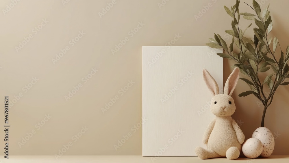 Obraz premium Easter Bunny and Eggs Mockup on a White Canvas